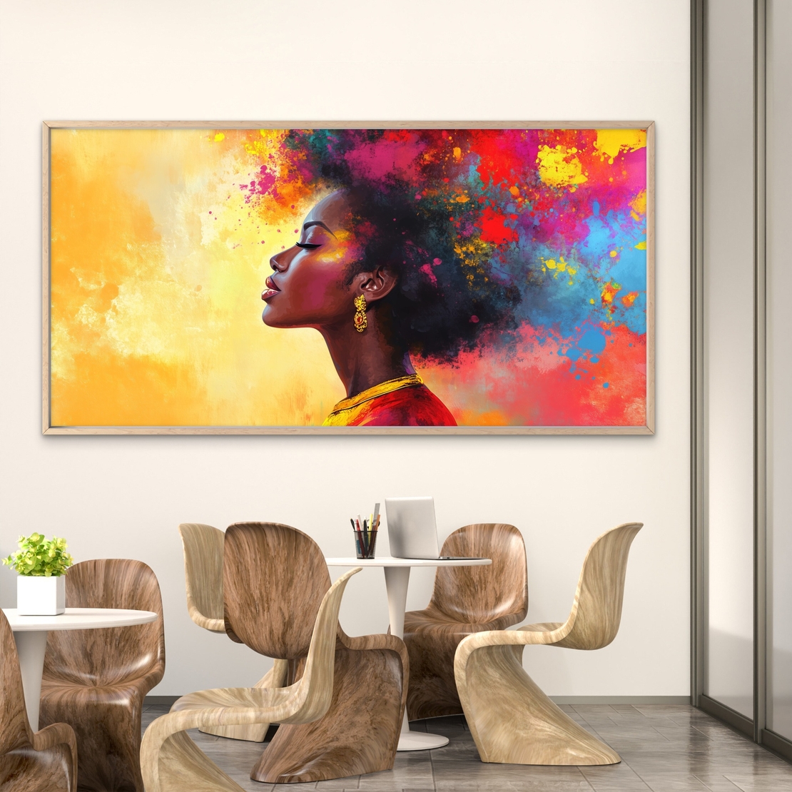 תמונת קנבס צבעונית של דיוקן נשי עם רקע כתום-אדום וצבעים מתפרצים – עיצוב אמנותי מתוך קולקציית NEXTGEN BY BAR של תכשיט לבית.