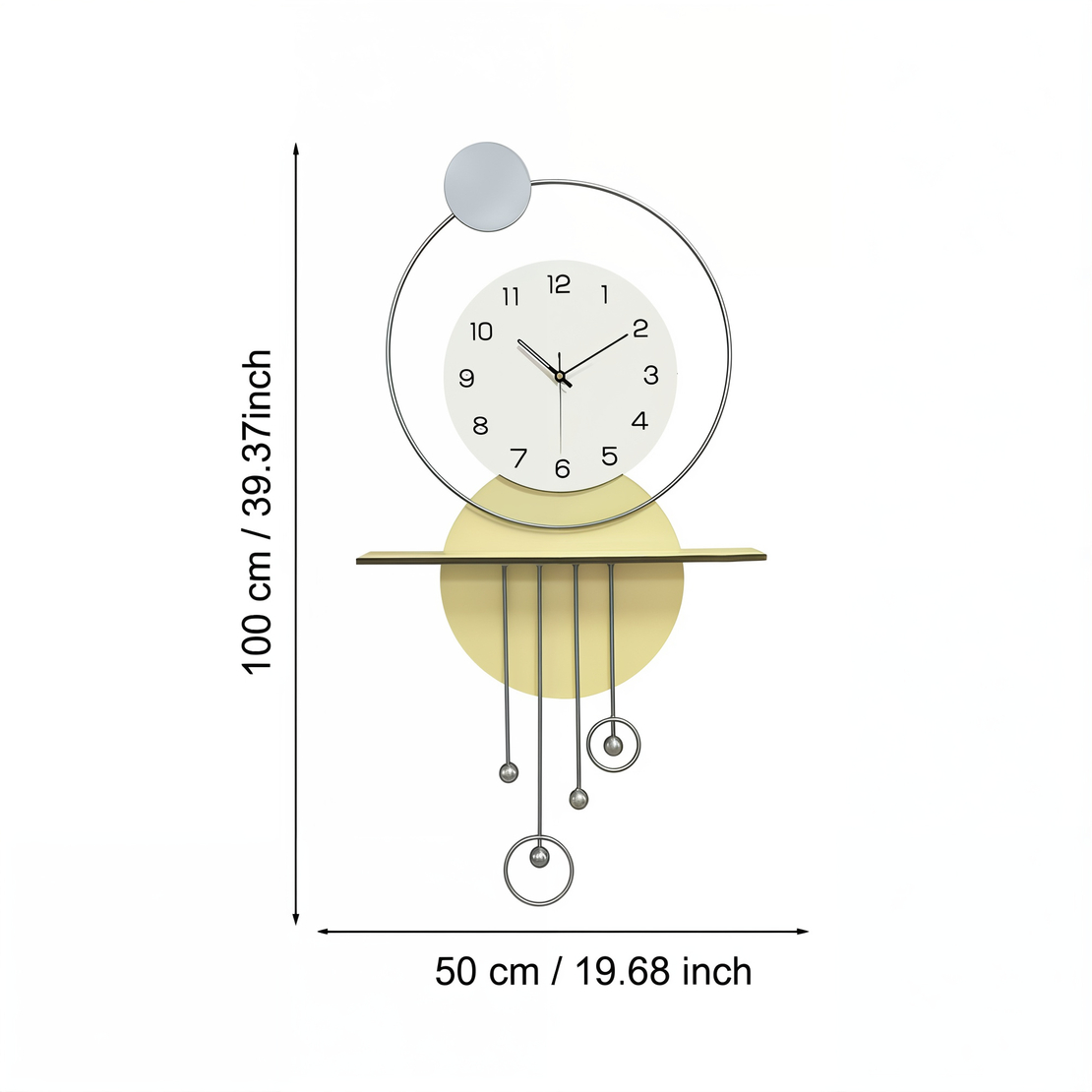 שעון קיר מעוצב בסגנון מודרני עם צורות גיאומטריות, מסגרת עגולה, מטוטלות דקורטיביות וגימור אלגנטי בגווני זהב, אפור ולבן, תלוי על קיר בעיצוב מינימליסטי.