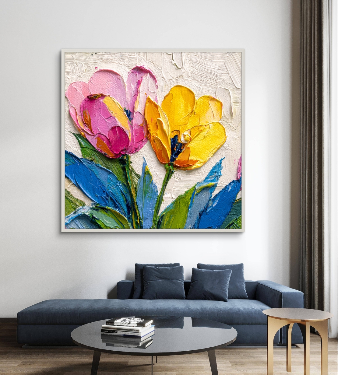 תמונת קנבס מרובעת עם פרחים ורודים וצהובים בסגנון אימפסטו על רקע בהיר