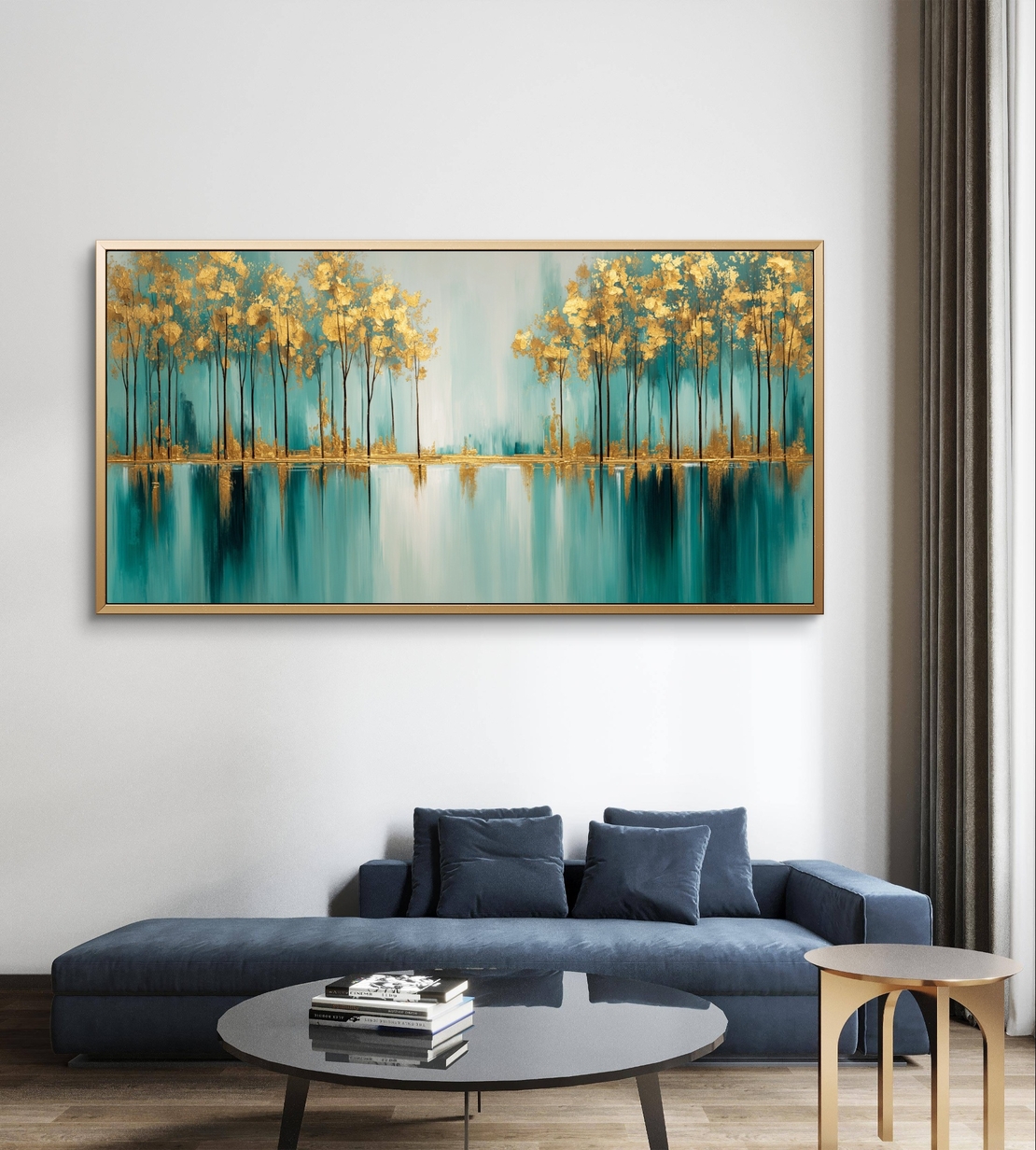 אגם זהב – תמונת קנבס עצים מוזהבים מעל השתקפות טורקיז רגועה | CK7122