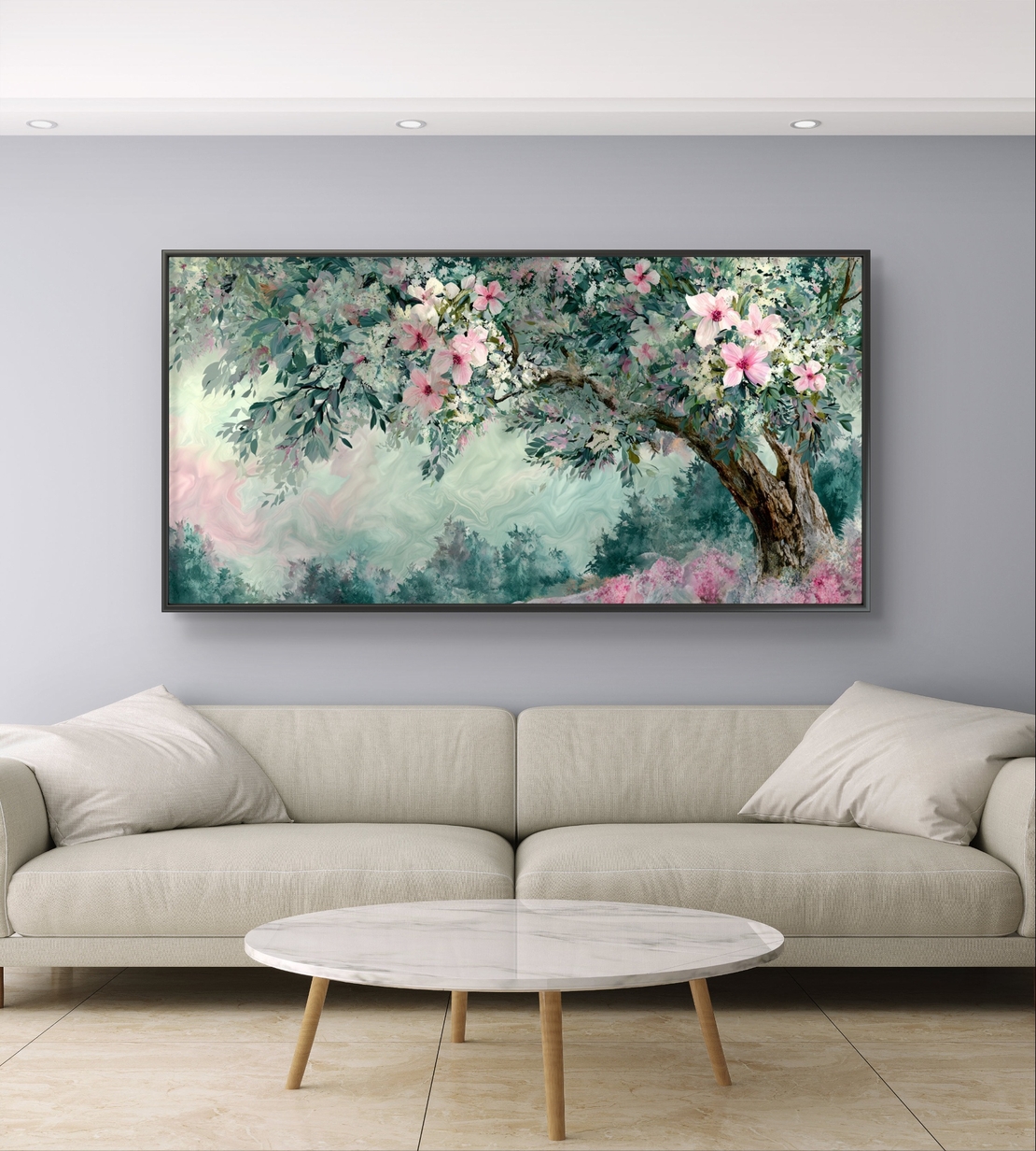 תמונת קנבס פריחת אביב רומנטית – ענפי פרחים בגווני ירוק ופודרה | CJ6532