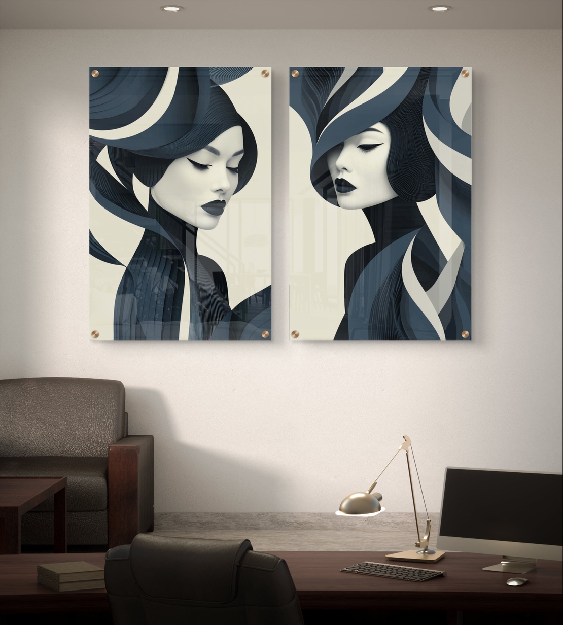 תמונת זכוכית זוגית עם דיוקנאות נשיים בעיצוב מודרני בגווני כחול ואפור