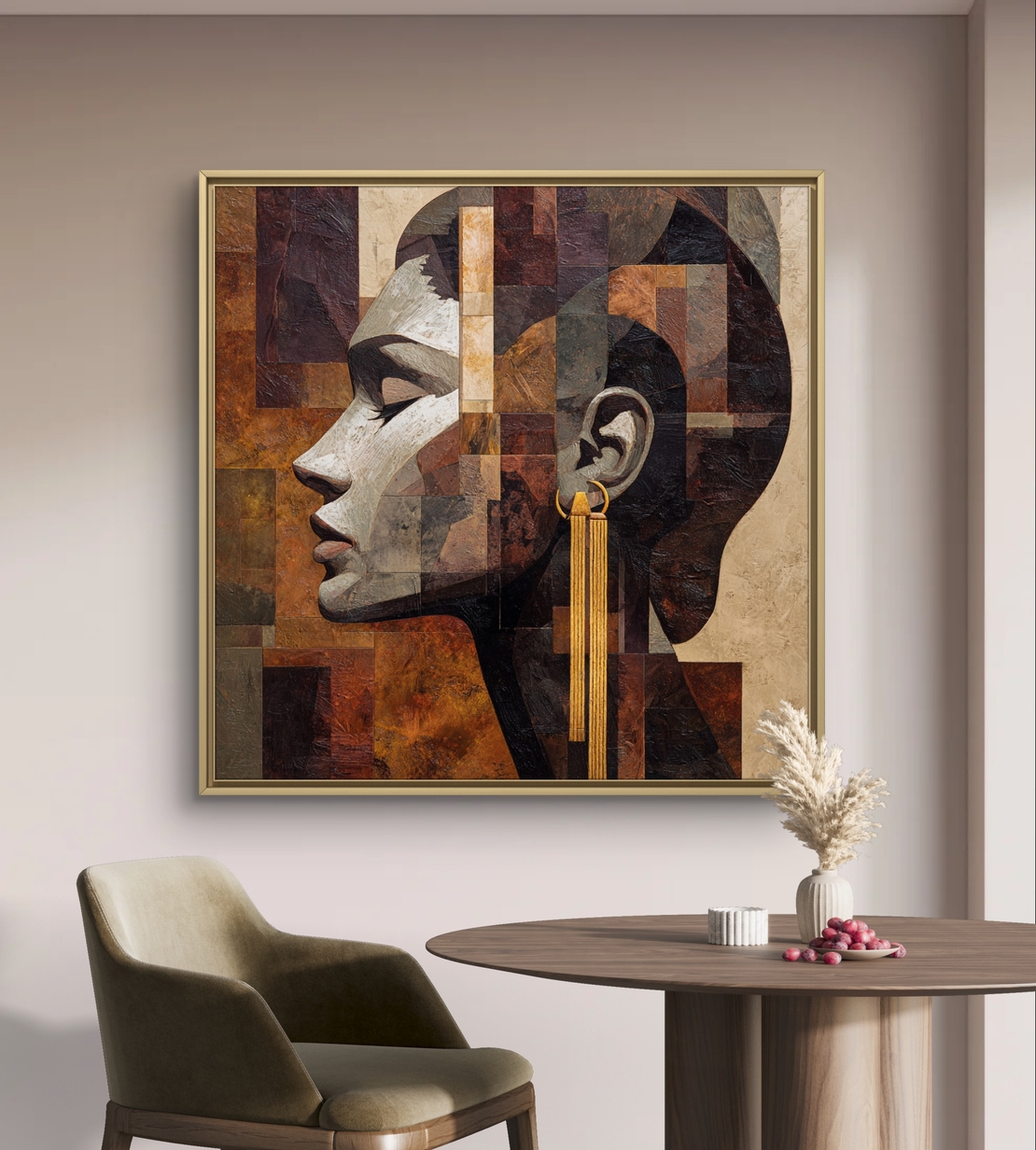 תמונת קנבס מרובעת עם דיוקן נשי אבסטרקטי בפרופיל, בגווני חום, בז’ וזהב, הדפסה חלקה ללא תבליט