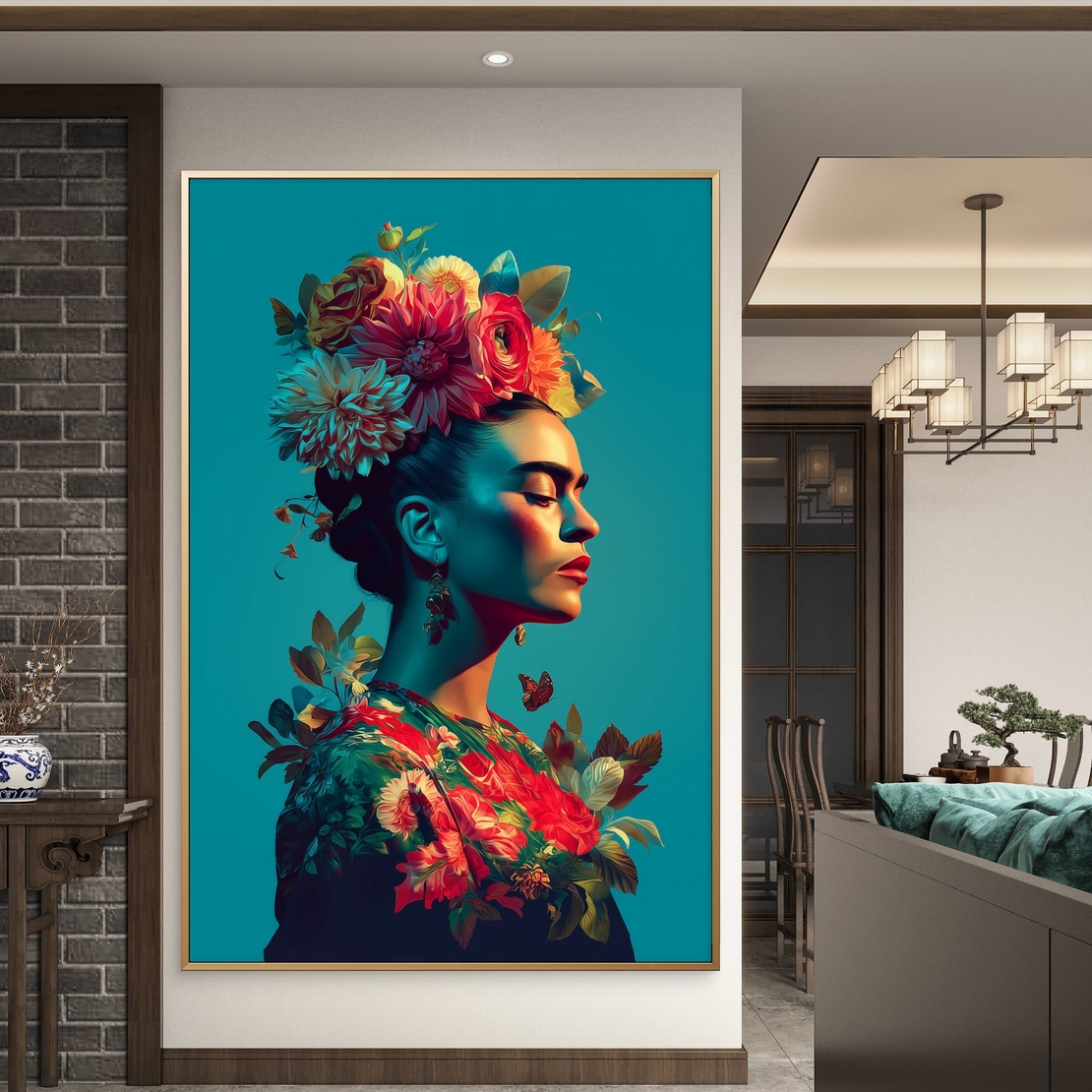 תמונת קנבס של פרידה קאלו בפרופיל אומנותי עם פרחים צבעוניים על רקע כחול, מתוך קולקציית NEXTGEN BY BAR מבית תכשיט לבית.