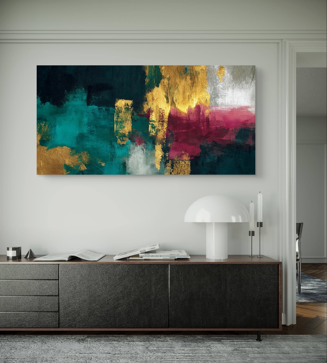 תמונת קנבס לרוחב בגווני טורקיז, זהב ובורדו בעיצוב אבסטרקט מודרני – תכשיט לבית