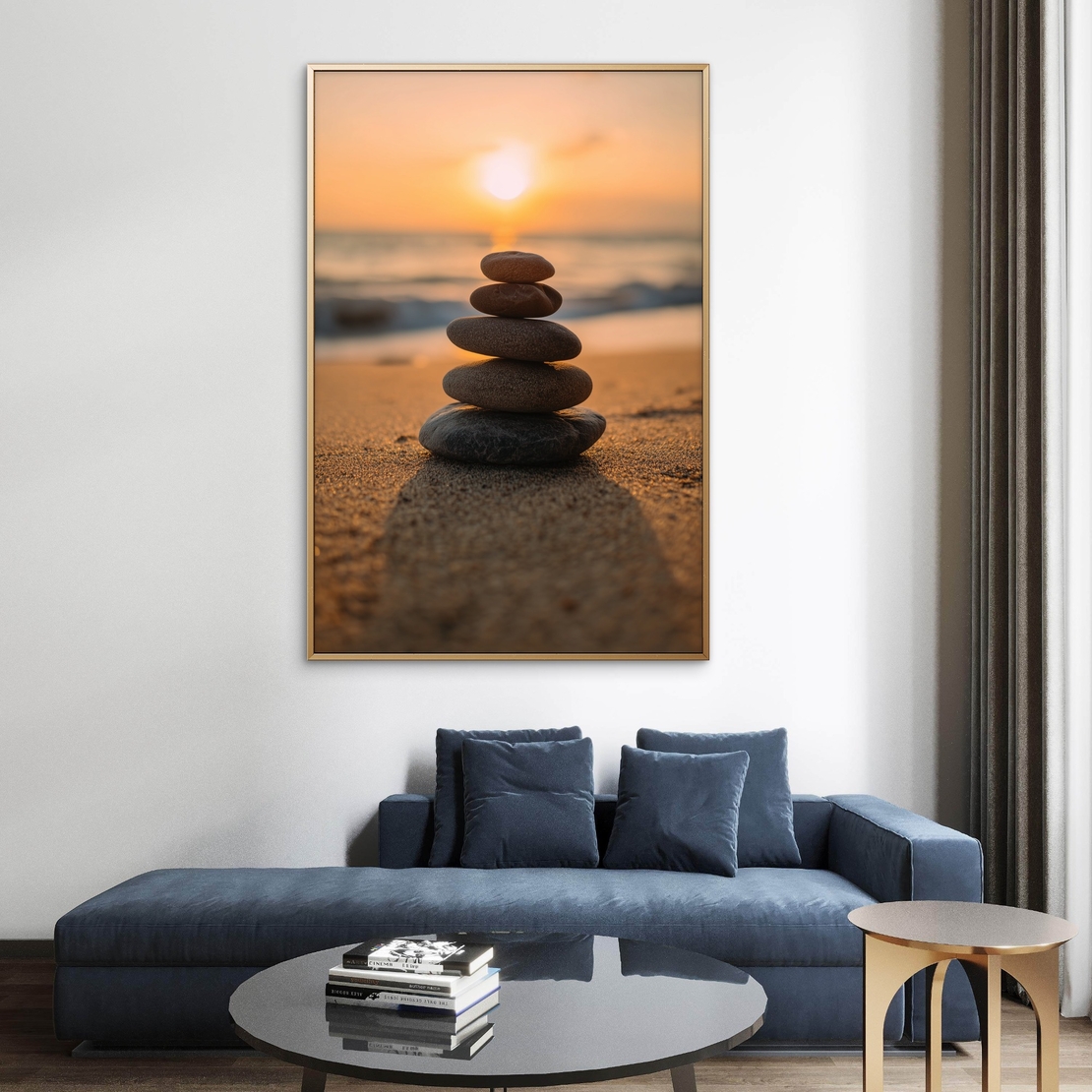 תמונת קנבס של ערימת אבנים על חוף ים בשקיעה רכה – קולקציית NEXTGEN BY BAR