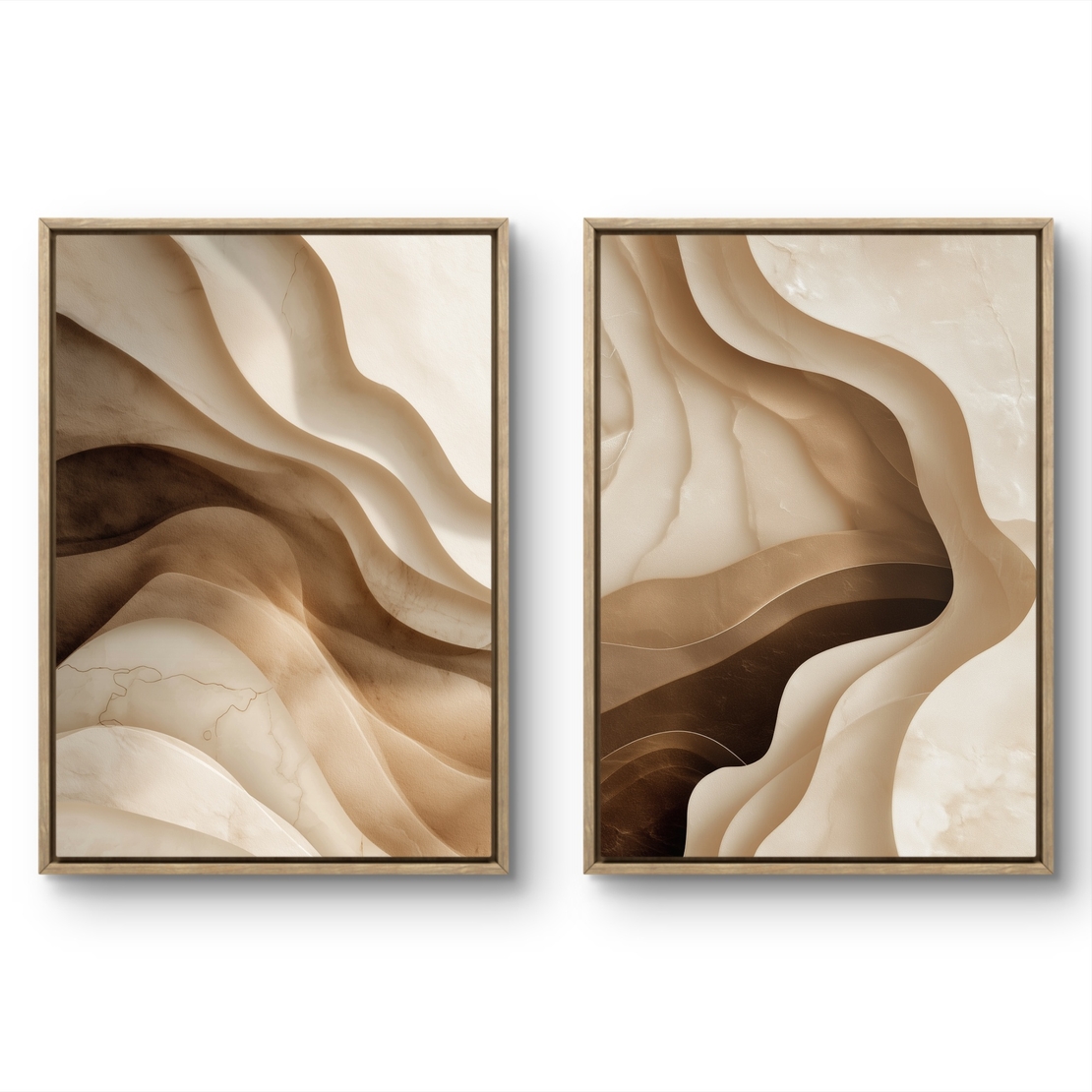 זוג תמונות קנבס בגווני בז’ וחום עם עיצוב זורם מודרני
