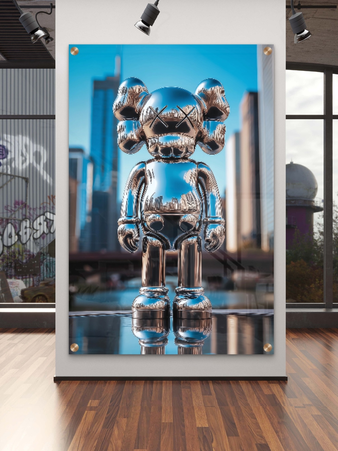 דמות כרום מבריקה עם השתקפות גורדי שחקים בתמונת זכוכית מעוצבת – NEXTGEN BY BAR