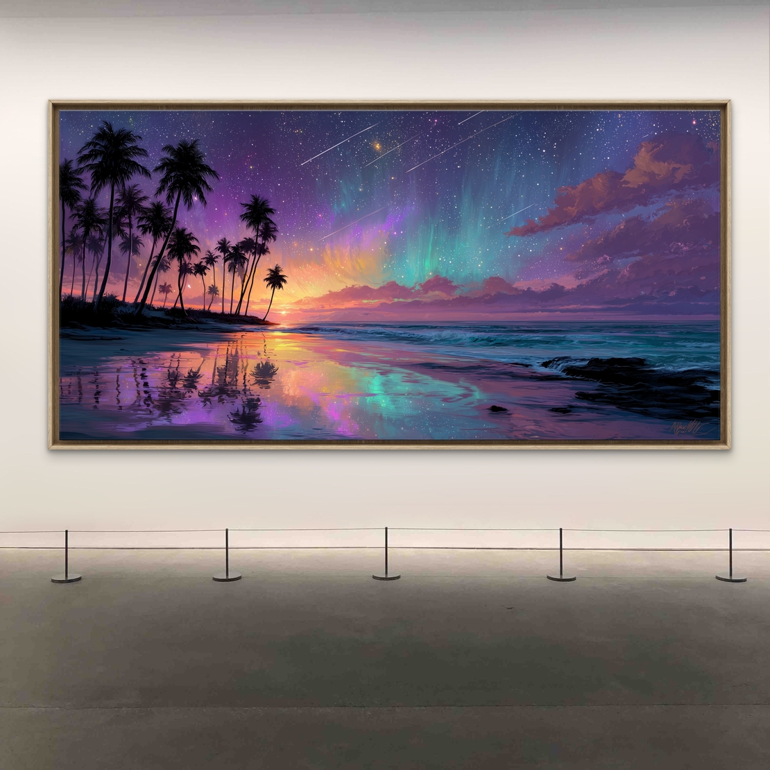 תמונת קנבס לרוחב של חוף טרופי בשקיעה עם אורות הצפון, דקלים כהים והשתקפויות צבעוניות על פני המים – NEXTGEN BY BAR