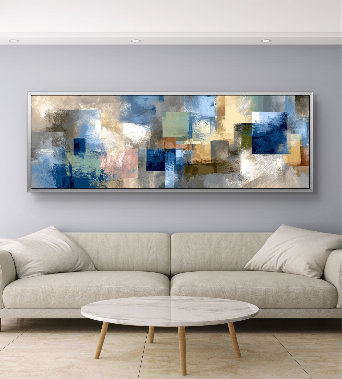 פסיפס תכלת – תמונת קנבס אבסטרקטית עם בלוקים בגווני כחול, תכלת, שמנת וזהב | CL6004