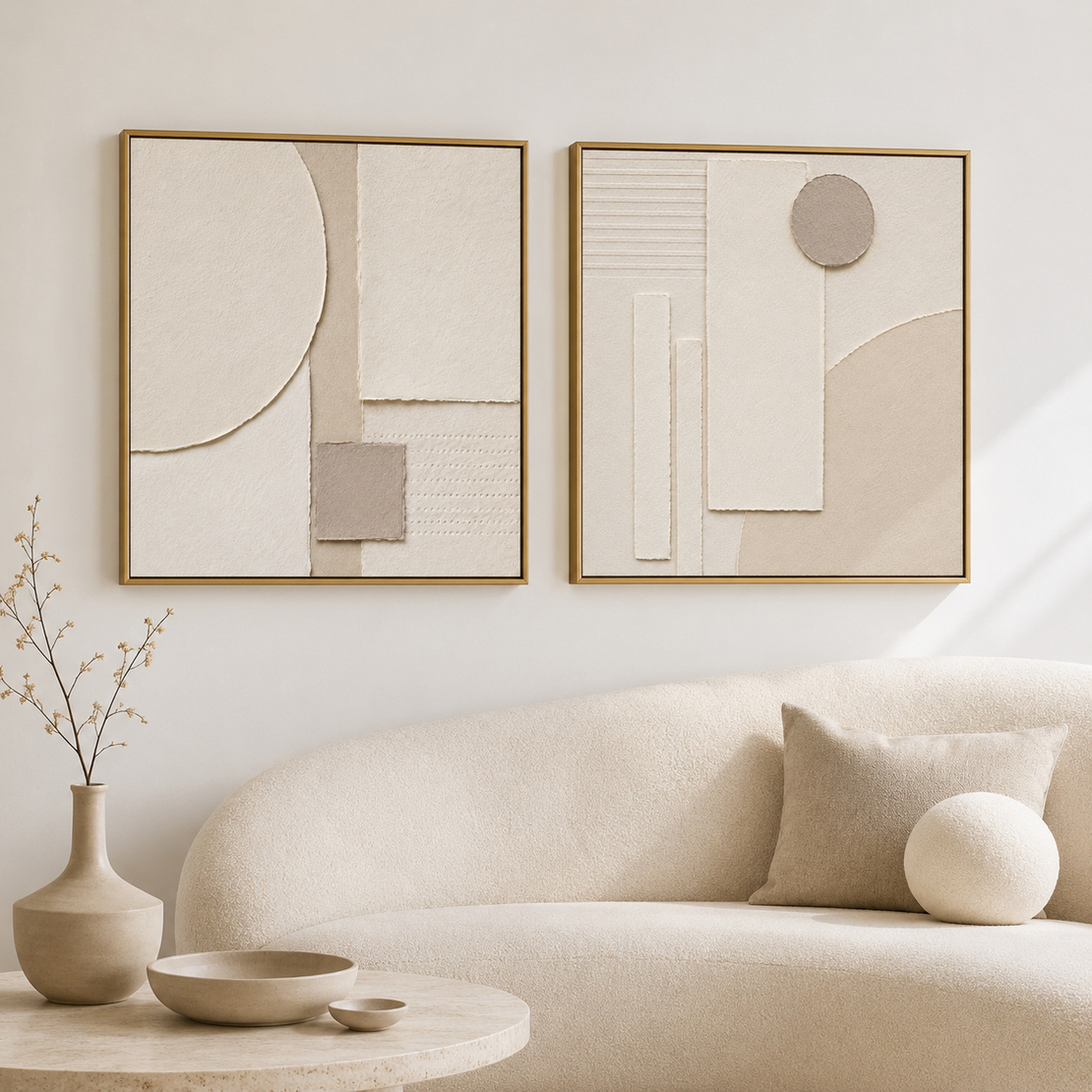 זוג תמונות קנבס גיאומטריות מינימליסטיות בגווני שמנת | דגם TQ108