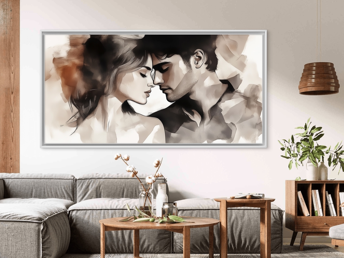 תמונת קנבס רומנטית של זוג מתקרב ברכות בגווני חום ולבן – עיצוב מודרני ועדין מתוך קולקציית NEXTGEN BY BAR של תכשיט לבית.