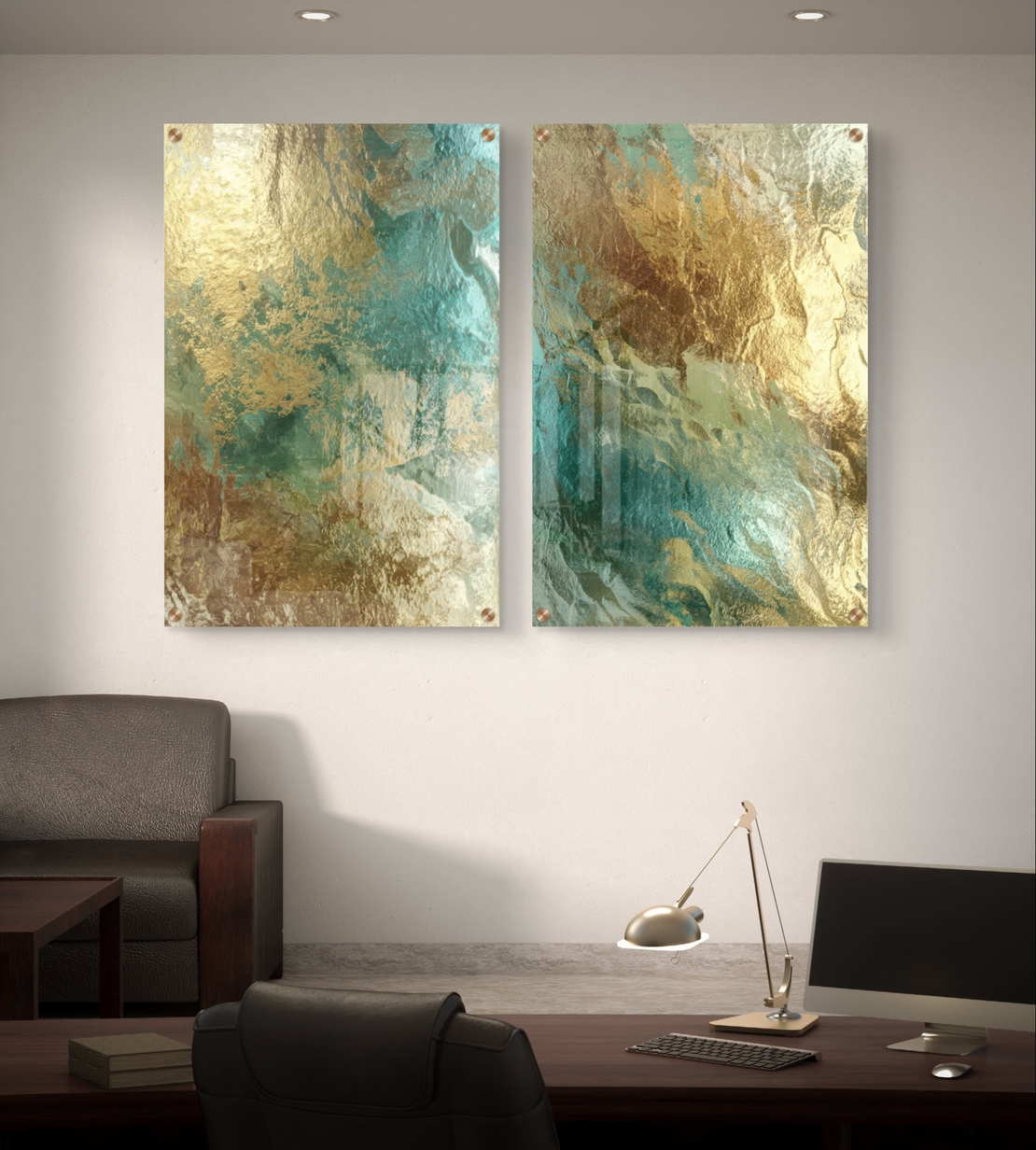 תמונת זכוכית זוגית בעיצוב אבסטרקטי עם שילוב זהב וטורקיז במראה יוקרתי