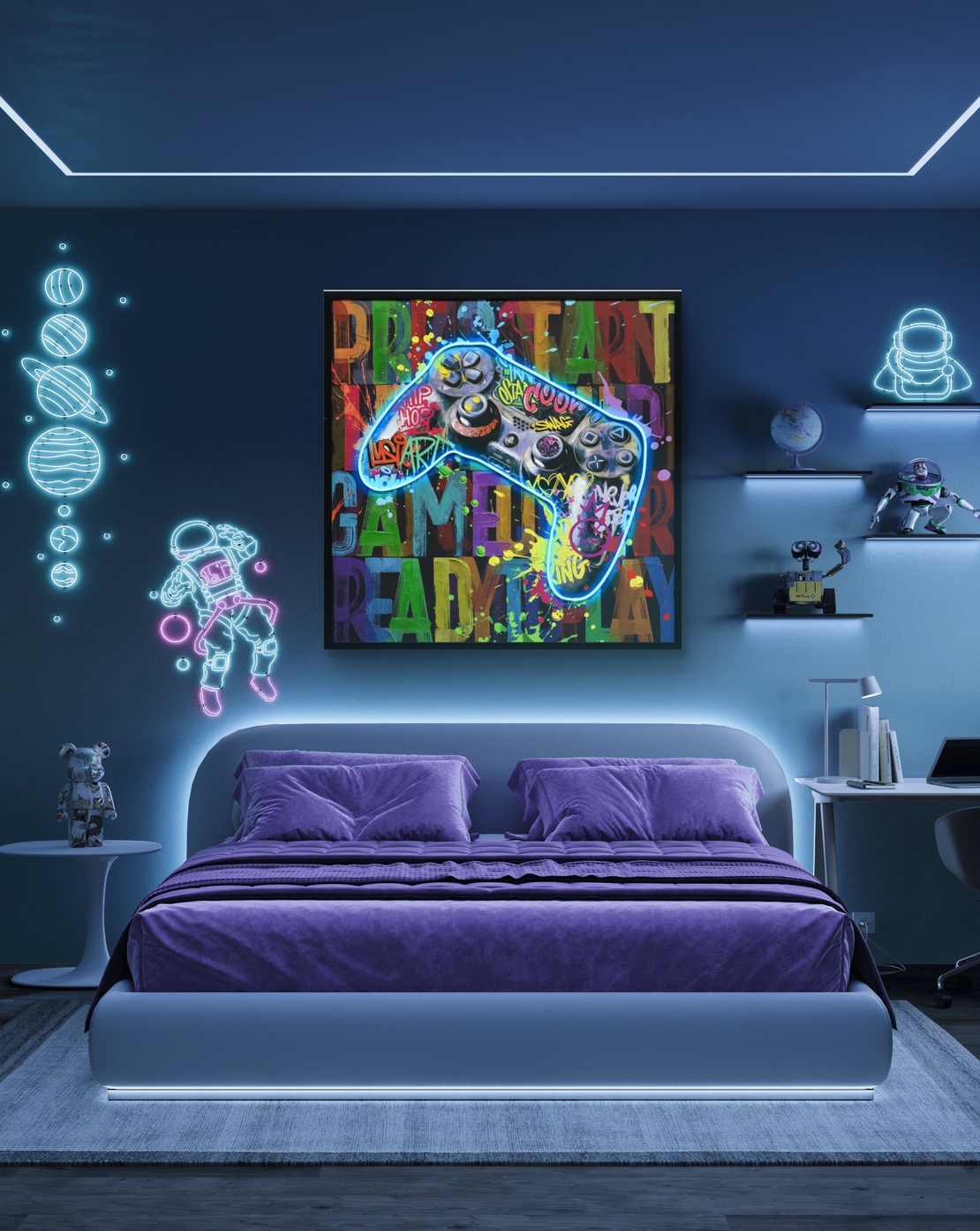 תמונת גיימינג מוארת עם שלט רחוק וסוללות – שלט קונסולה גרפיטי LED - מידה 83*83 ס