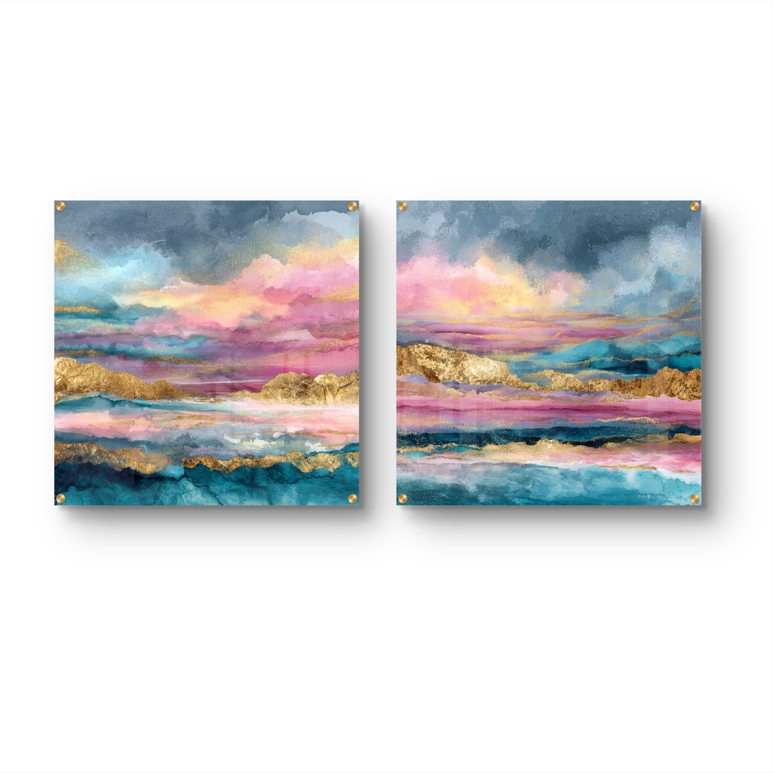 זוג תמונות זכוכית מרובעות בעיצוב אבסטרקטי עם שכבות צבע בגווני טורקיז, ורוד וזהב, בעיצוב יוקרתי לקיר הסלון.