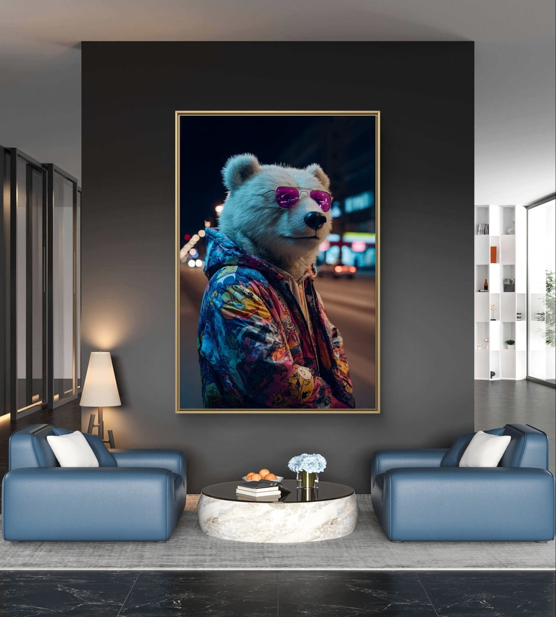 תמונת קנבס של דוב אורבני עם משקפי שמש סגולים וז’קט צבעוני על רקע עירוני בלילה