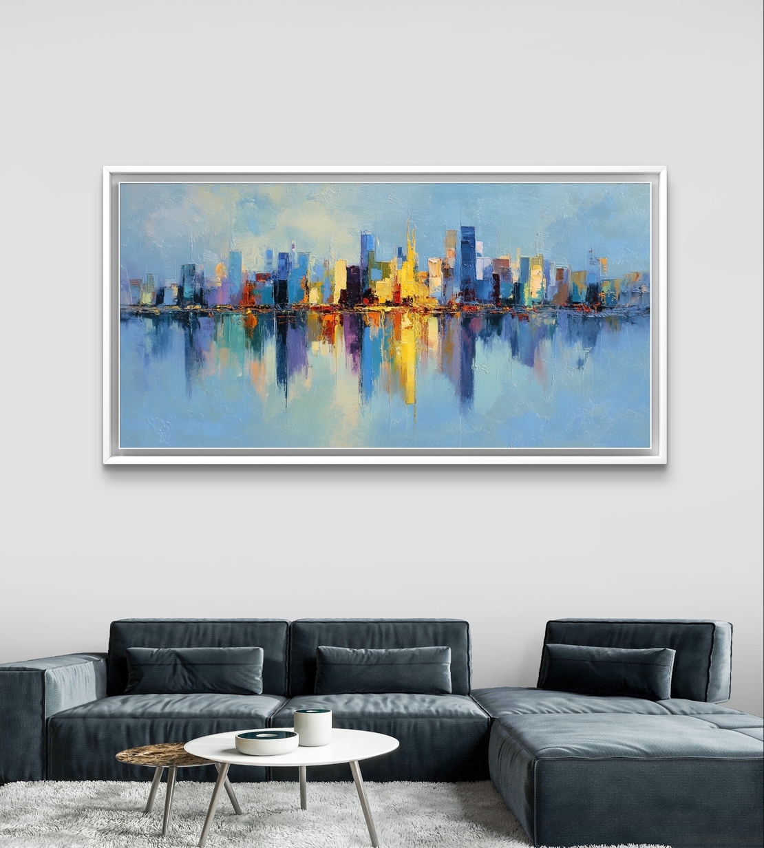 תמונת קנבס לרוחב עם קו רקיע עירוני צבעוני והשתקפות במים בעיצוב מודרני