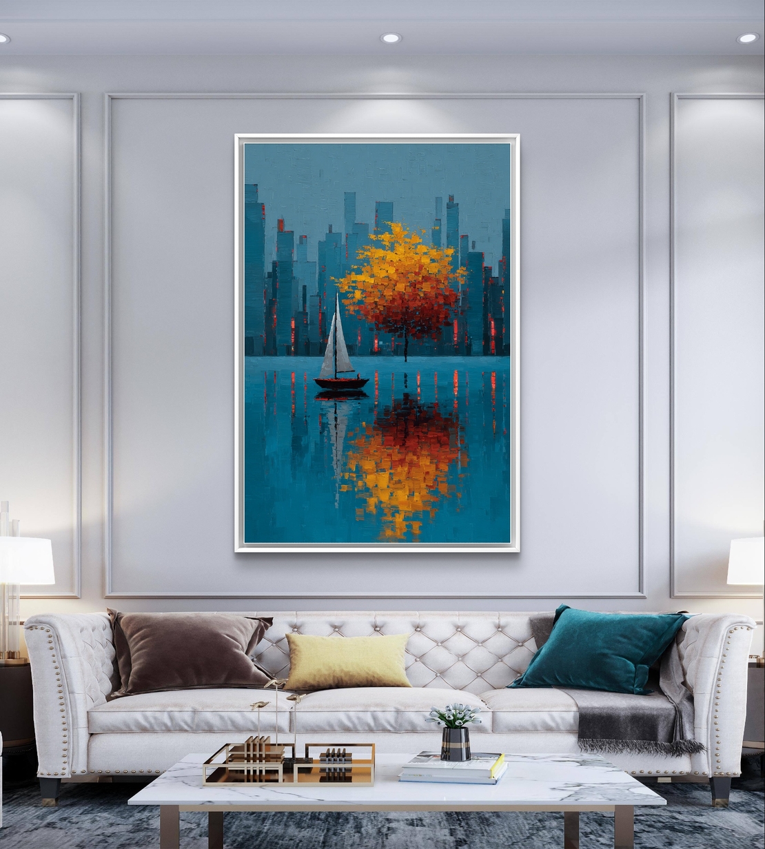 תמונת קנבס מודרנית כחול כתום עם השתקפות במים