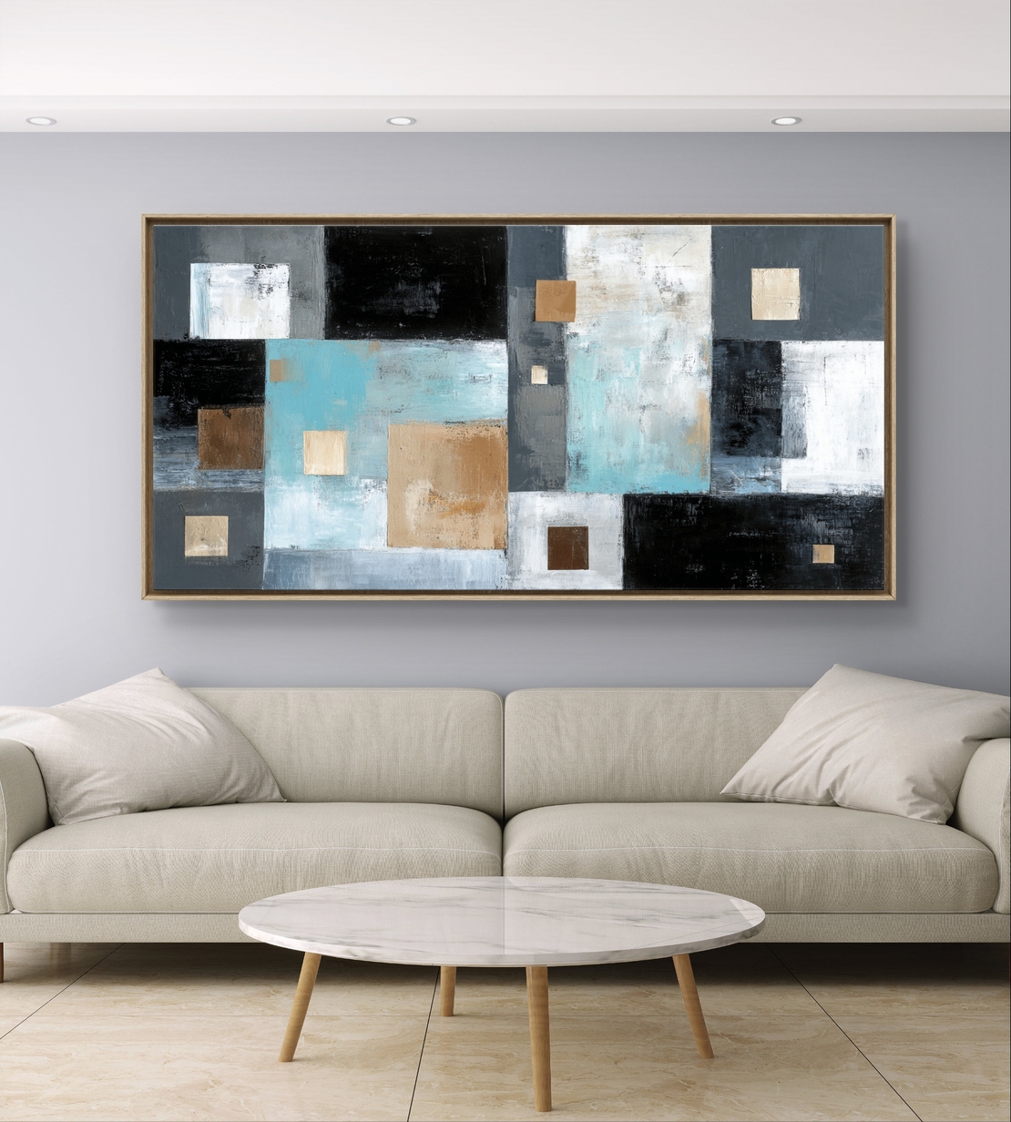 קוביות קרח – תמונת קנבס אבסטרקט גיאומטרי בכחול קרח, שחור ובז׳ | CK7121