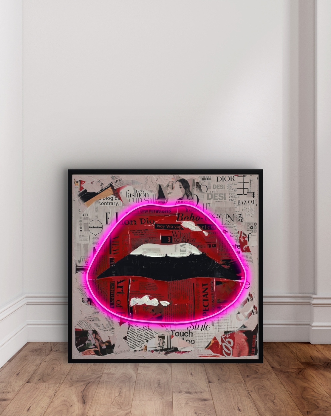 תמונת שפתיים ניאון ורוד – אמנות LED על סוללות עם שלט רחוק--מידה 83*83 ס