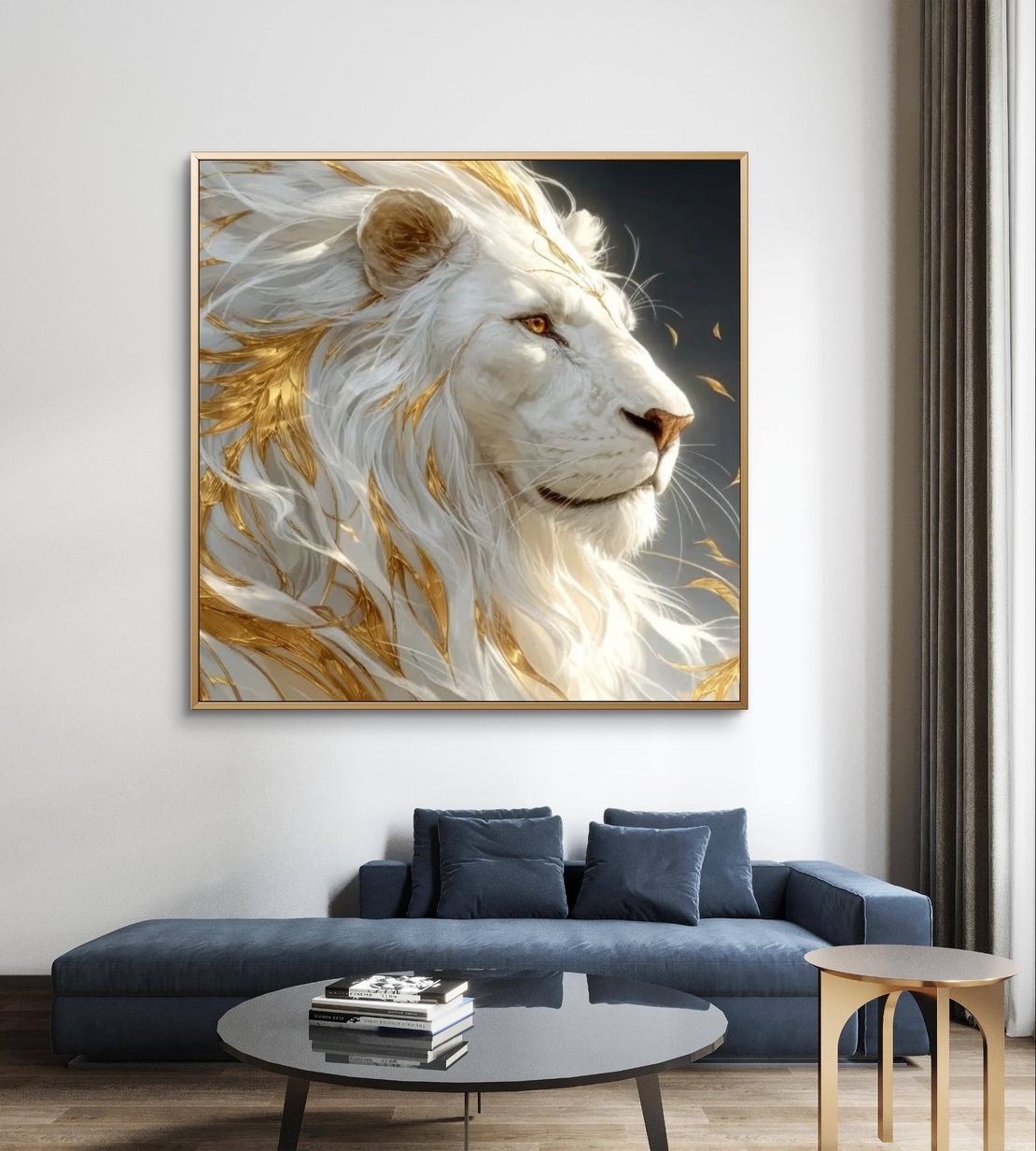 תמונת קנבס מרובעת של אריה לבן אצילי עם רעמה זהובה על רקע כהה יוקרתי