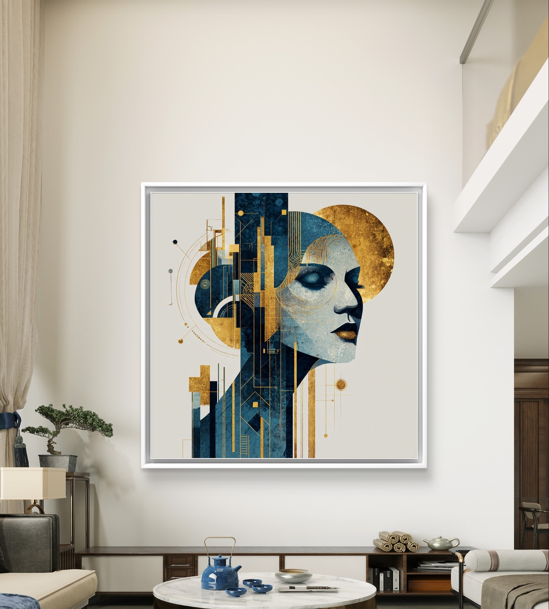 מוזת ארט-דקו – תמונת קנבס דיוקן נשי כחול וזהב בסגנון ארט דקו | CK5523
