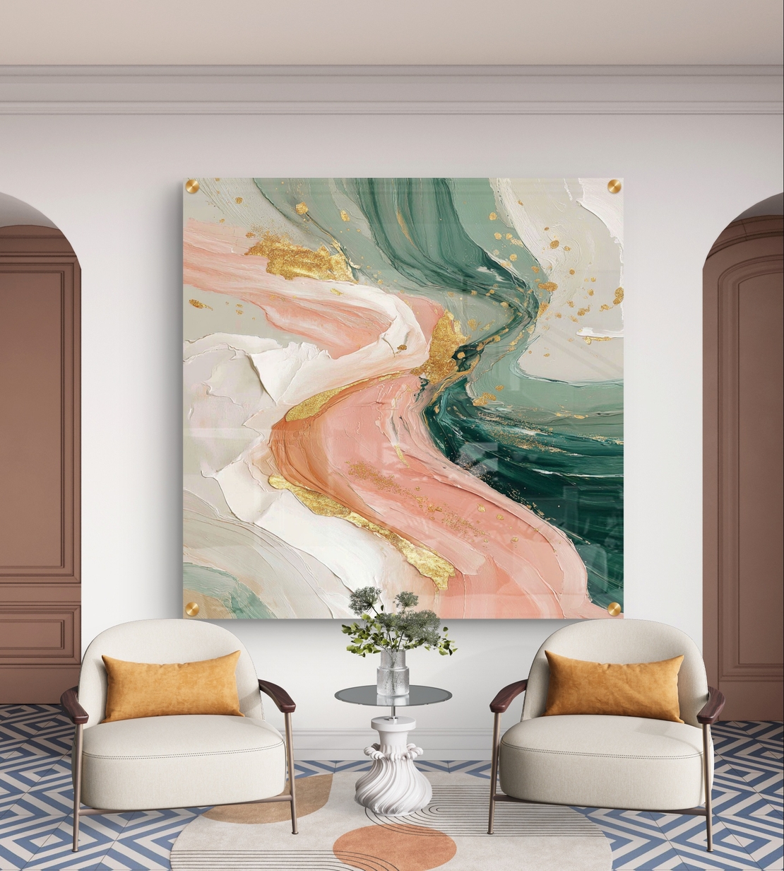 תמונת זכוכית אבסטרקטית מרובעת בגווני ירוק מרווה ורוד עם נגיעות זהב בעיצוב יוקרתי