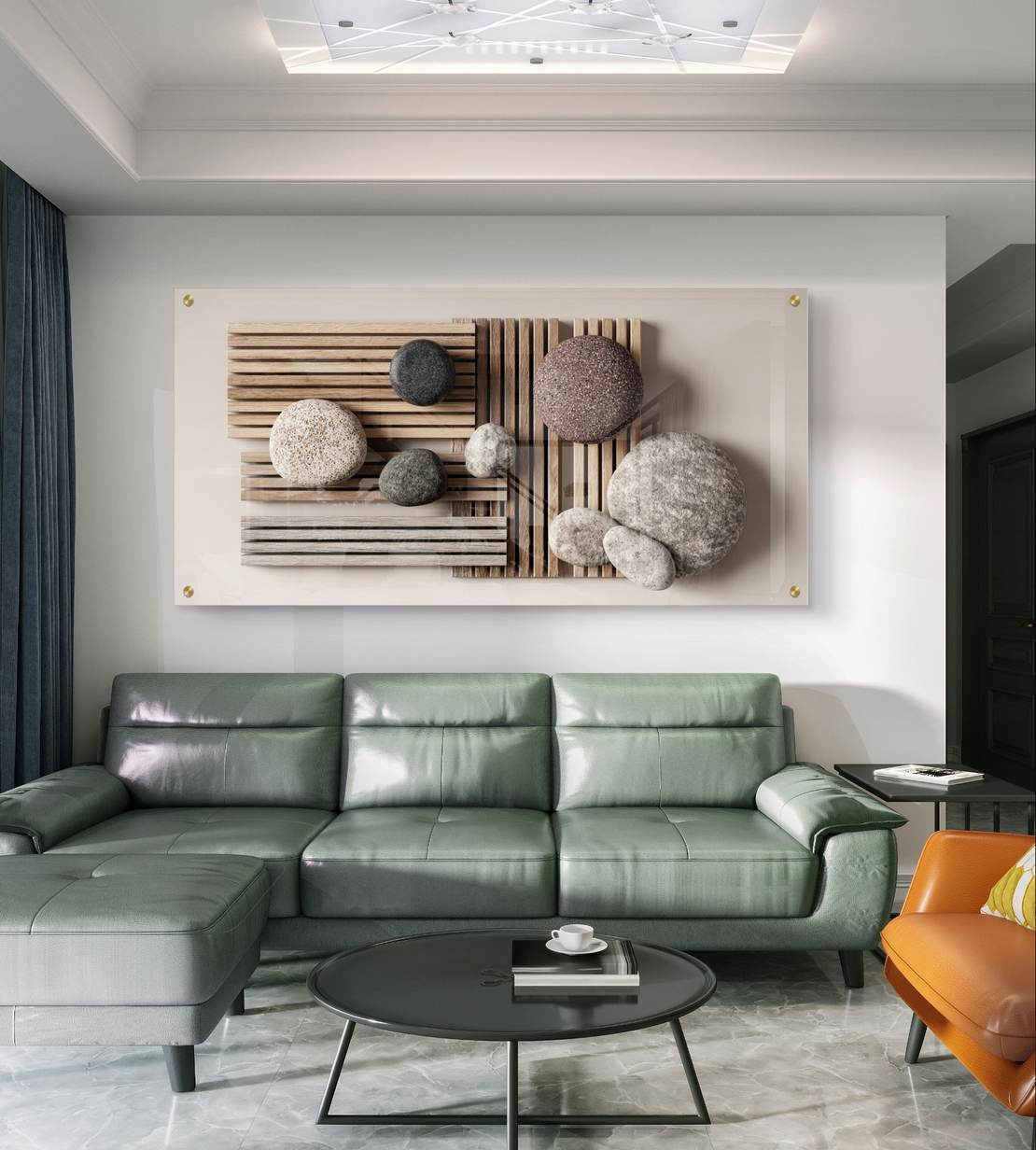 תמונת זכוכית אופקית עם אבנים מעוגלות ולוחות עץ בעיצוב טבעי-מינימליסטי בהדפסה חלקה