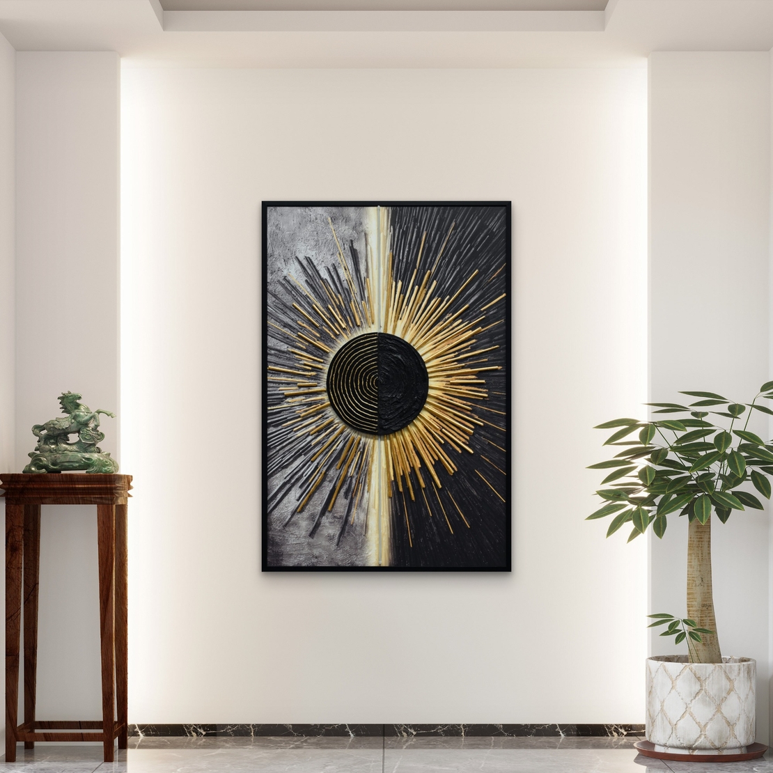 תמונת LED שמש אבסטרקטית שחור זהב – הדפס משודרג עם מריחות צבע, מופעלת על סוללות עם שלט רחוק - מידה 123*83 ס