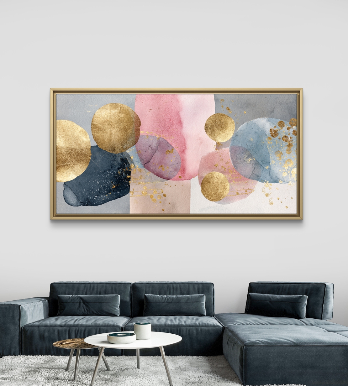 תמונת קנבס אבסטרקט אקוורל עם עיגולי זהב מטאליים וגווני ורוד פודרה וכחול