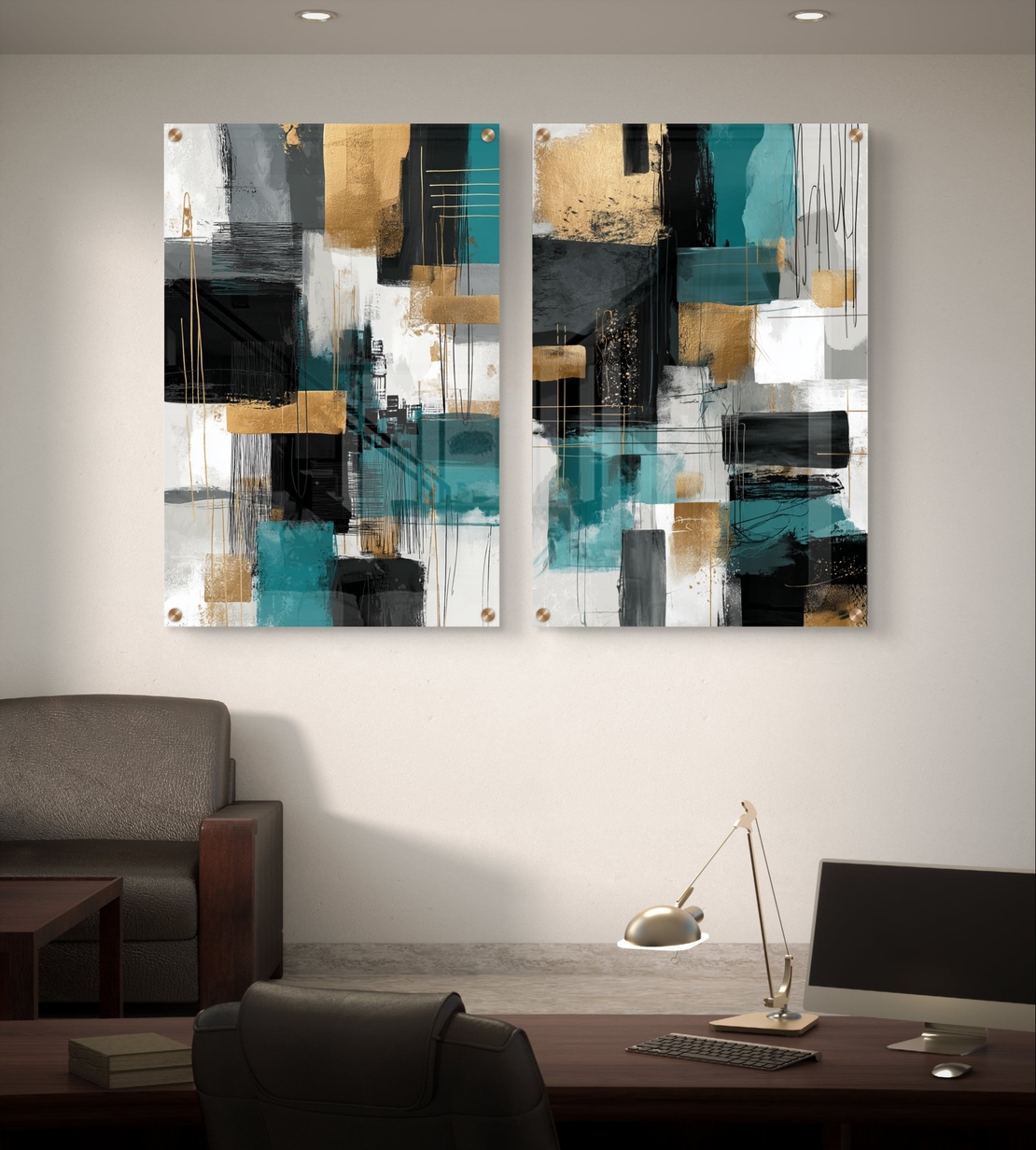 תמונת זכוכית זוגית אבסטרקטית בגווני טורקיז שחור וזהב בהדפסה חלקה מודרנית