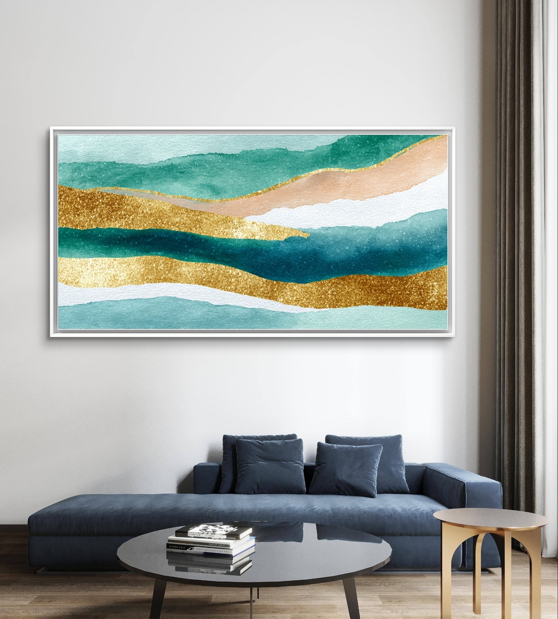 תמונת קנבס אבסטרקט טורקיז וזהב לרוחב – גלי אקוורל יוקרתיים | CJ6531
