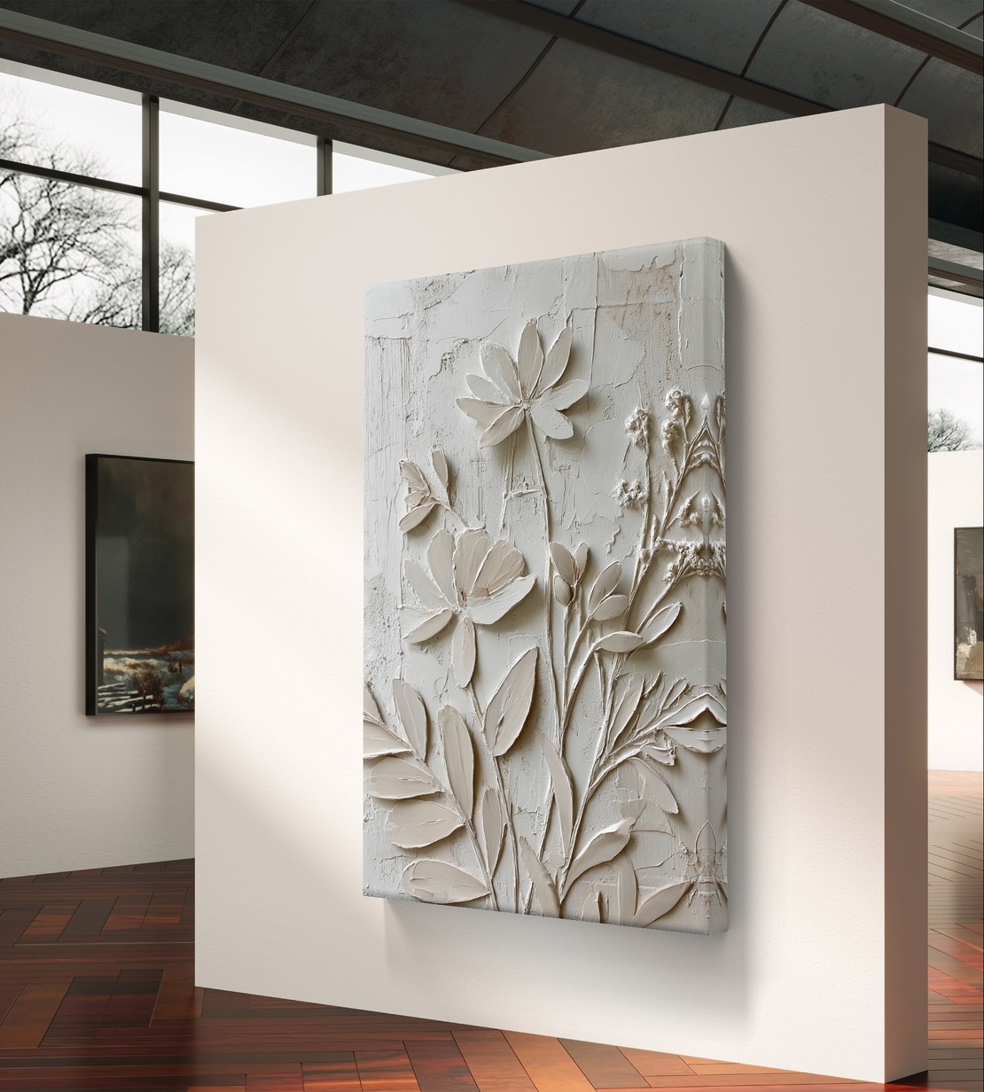 פרחי תבליט בגווני שמנת – תמונת קנבס טקסטורלית אלגנטית | DX5113