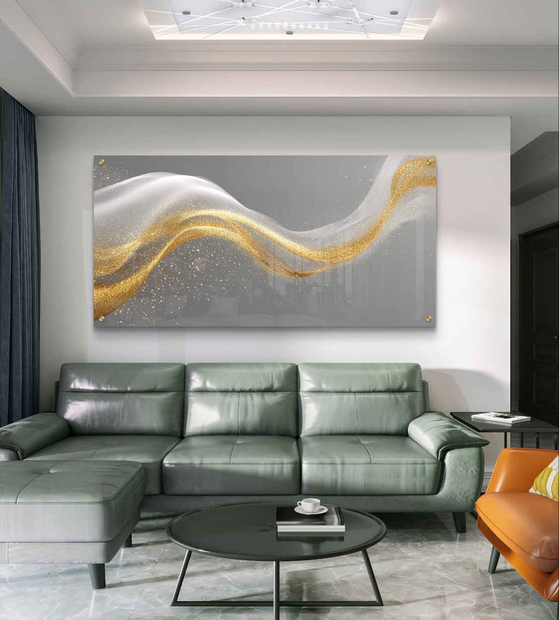 תמונת זכוכית לרוחב עם גל אבסטרקטי בגווני אפור וזהב בעיצוב יוקרתי