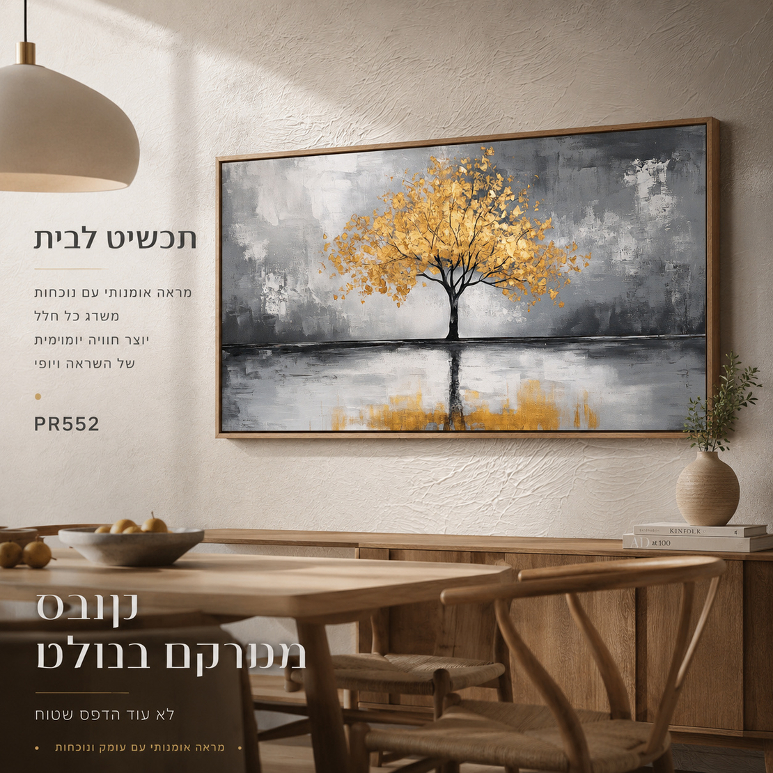 עץ זהב בודד עם השתקפות על מים אפורים – תמונת קנבס פרימיום לרוחב – דגם PR552