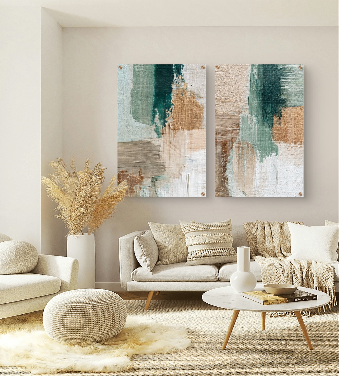 סט תמונות זכוכית זוגי אבסטרקטי בגווני בז’ וירקרק בעיצוב מודרני ורגוע