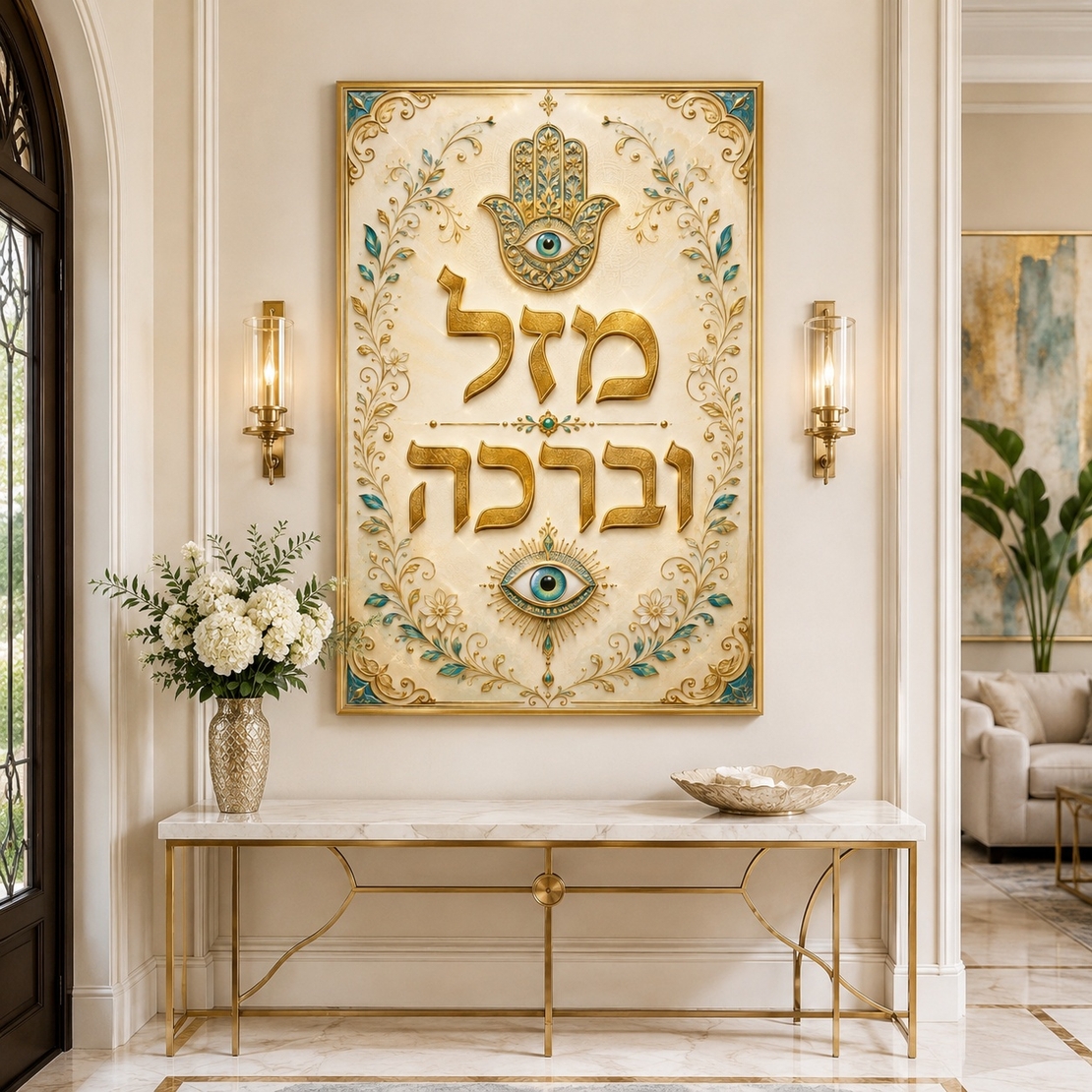 מזל וברכה – תמונת קנבס חמסה זהב וטורקיז לבית | RB452