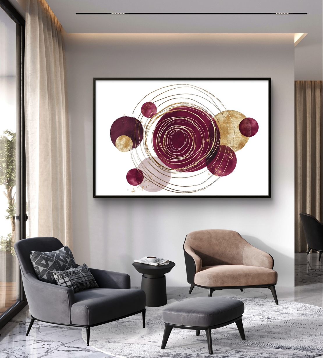 מעגלים גיאומטריים בבורדו וזהב – תמונת קנבס אבסטרקטית מודרנית | CP4522