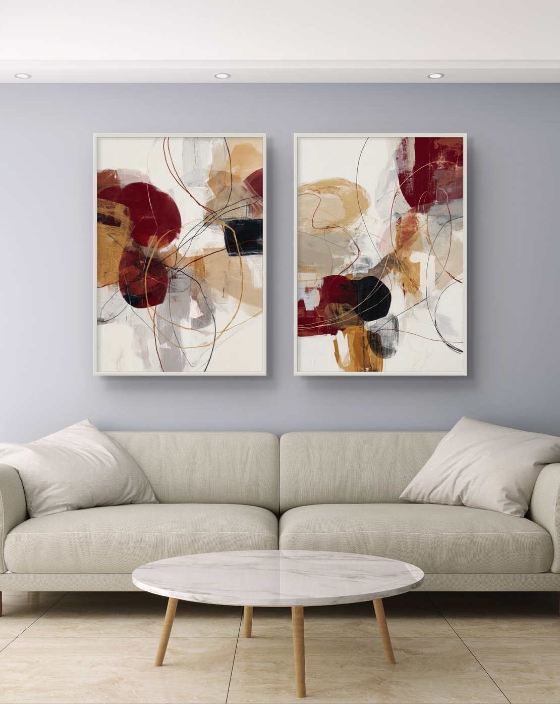 סט תמונות קנבס זוגיות אבסטרקטיות בגווני בורדו, זהב ושמנת עם קווים דינמיים ועיצוב מודרני