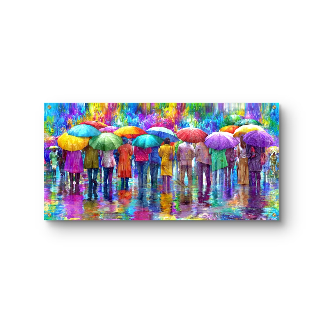תמונת זכוכית לרוחב עם אנשים תחת מטריות צבעוניות המשתקפים במים – תכשיט לבית