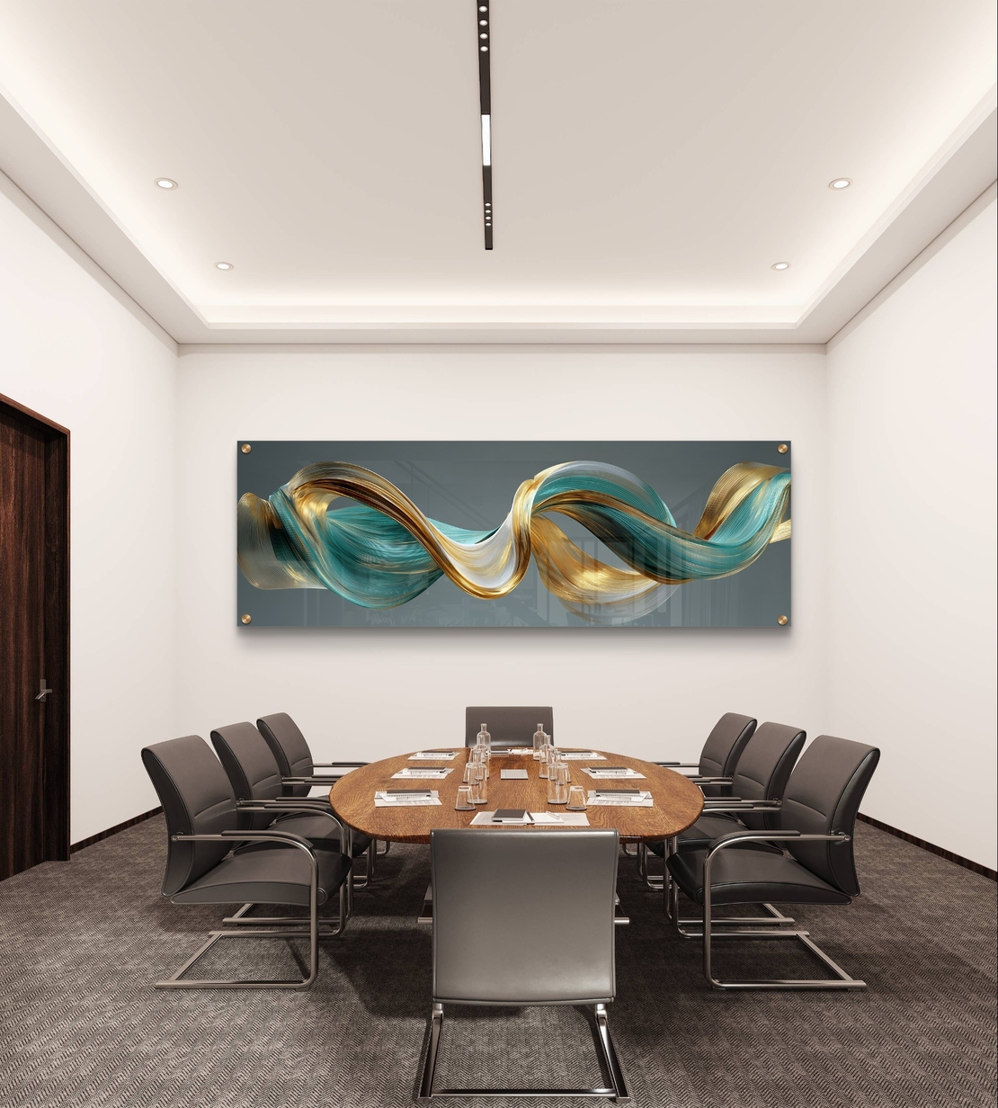 תמונת זכוכית פנורמית עם גל אבסטרקטי בגווני טורקיז וזהב בעיצוב מודרני ויוקרתי