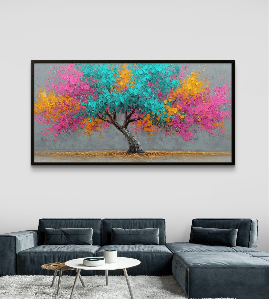 תמונת קנבס לרוחב של עץ צבעוני בגווני טורקיז, ורוד וכתום בעיצוב אומנותי מלא חיים