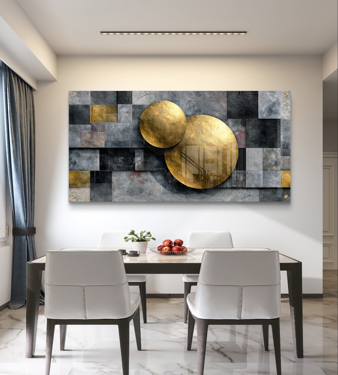 תמונת זכוכית לרוחב בעיצוב אבסטרקטי בגווני אפור עם עיגולים זהובים בסגנון מודרני ויוקרתי