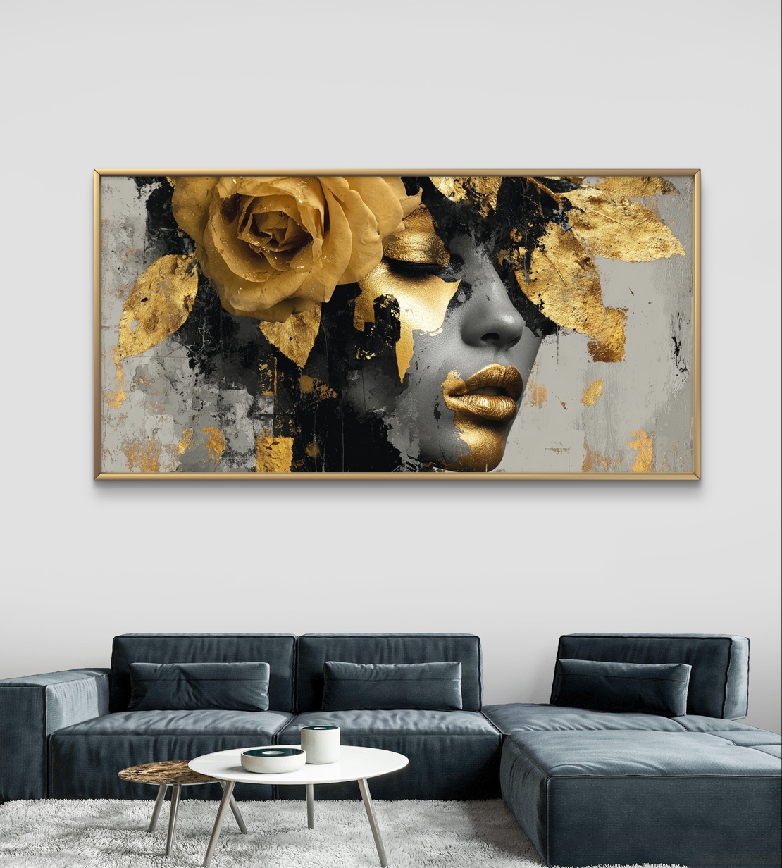 תמונת קנבס לרוחב עם דיוקן נשי דרמטי בגווני שחור וזהב ועיטורי עלי זהב