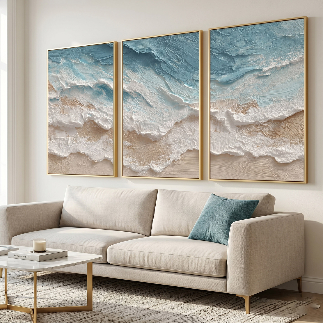 שלשת תמונות קנבס חוף טקסטורלי בגווני שמנת, חול ותכלת – דגם TA1362