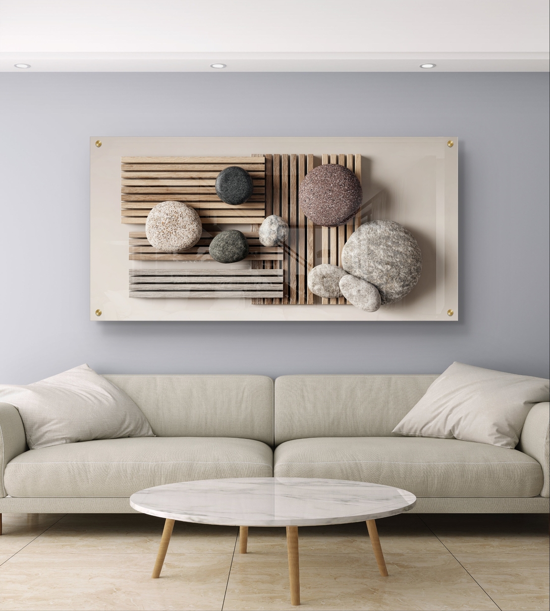 תמונת זכוכית אופקית עם אבנים מעוגלות ולוחות עץ בעיצוב טבעי-מינימליסטי בהדפסה חלקה
