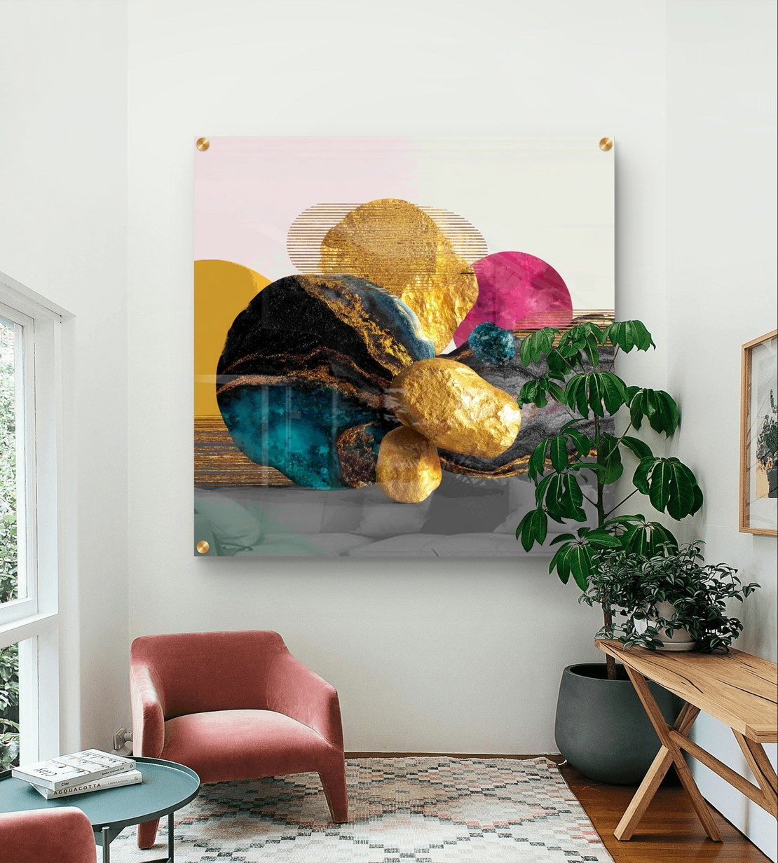 תמונת זכוכית מרובעת עם כדורים אבסטרקטיים בצבעי זהב, טורקיז, ורוד וצהוב בהדפסה חלקה וללא תבליט