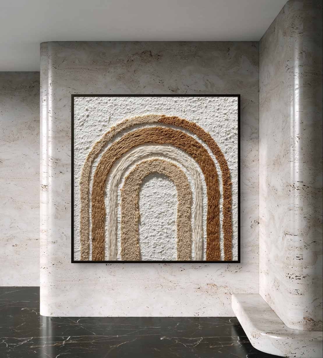 תמונת קנבס מרובעת עם קשתות אבסטרקטיות בגווני קרם, בז’ וחום, סגנון מינימליסטי, הדפסה חלקה ללא תבליט