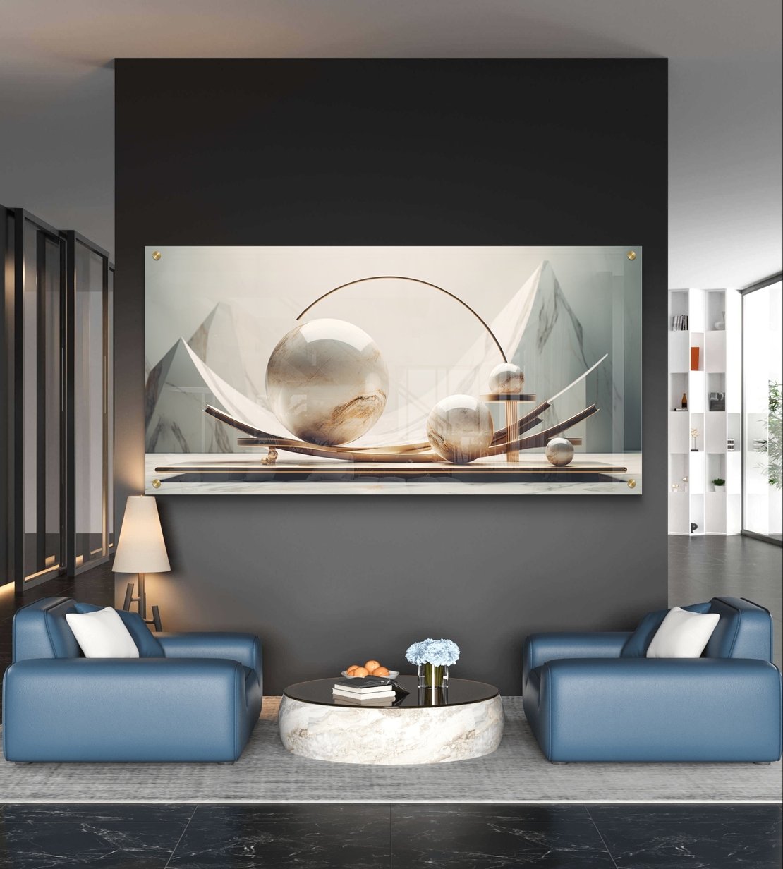 שיווי משקל שיש – תמונת זכוכית יוקרתית עם כדורי שיש ועיצוב גיאומטרי | GP1393