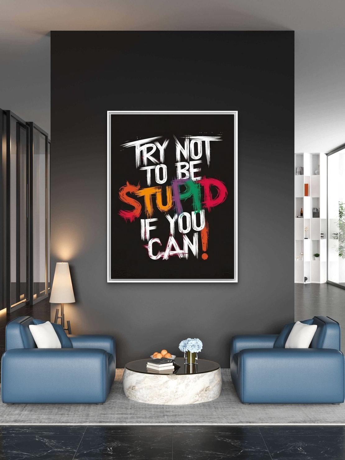 תמונת קנבס עם כיתוב השראתי בצבעים חזקים על רקע שחור בעיצוב אורבני מודרני לסלון או למשרד